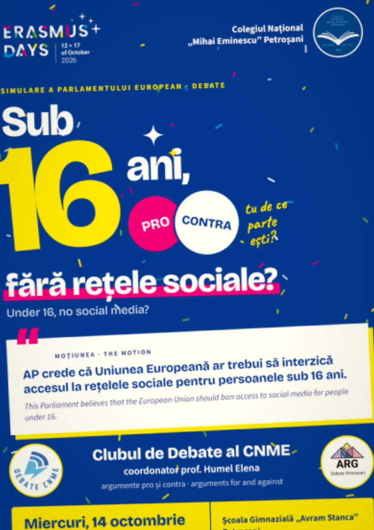 Sub 16 ani, fără rețele sociale? Elevii de la Colegiul Național „Mihai Eminescu” Petroșani dezbat la #ErasmusDays 2026